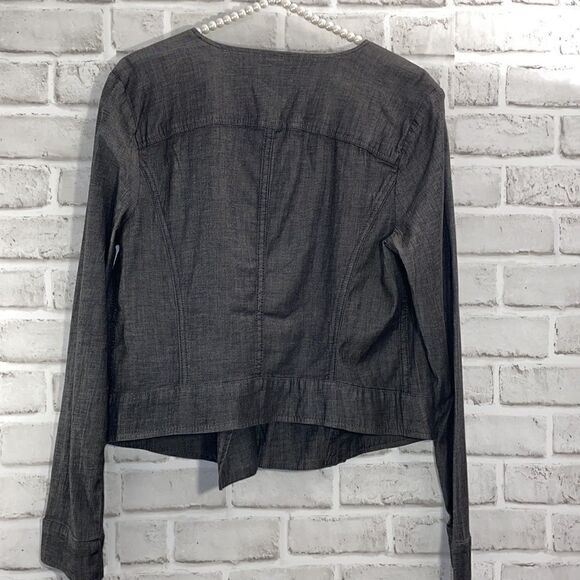 H for Halston Dark Grey Stretch Chambray Motorcycle Jacket Zippers Retro - Picture 2 of 6